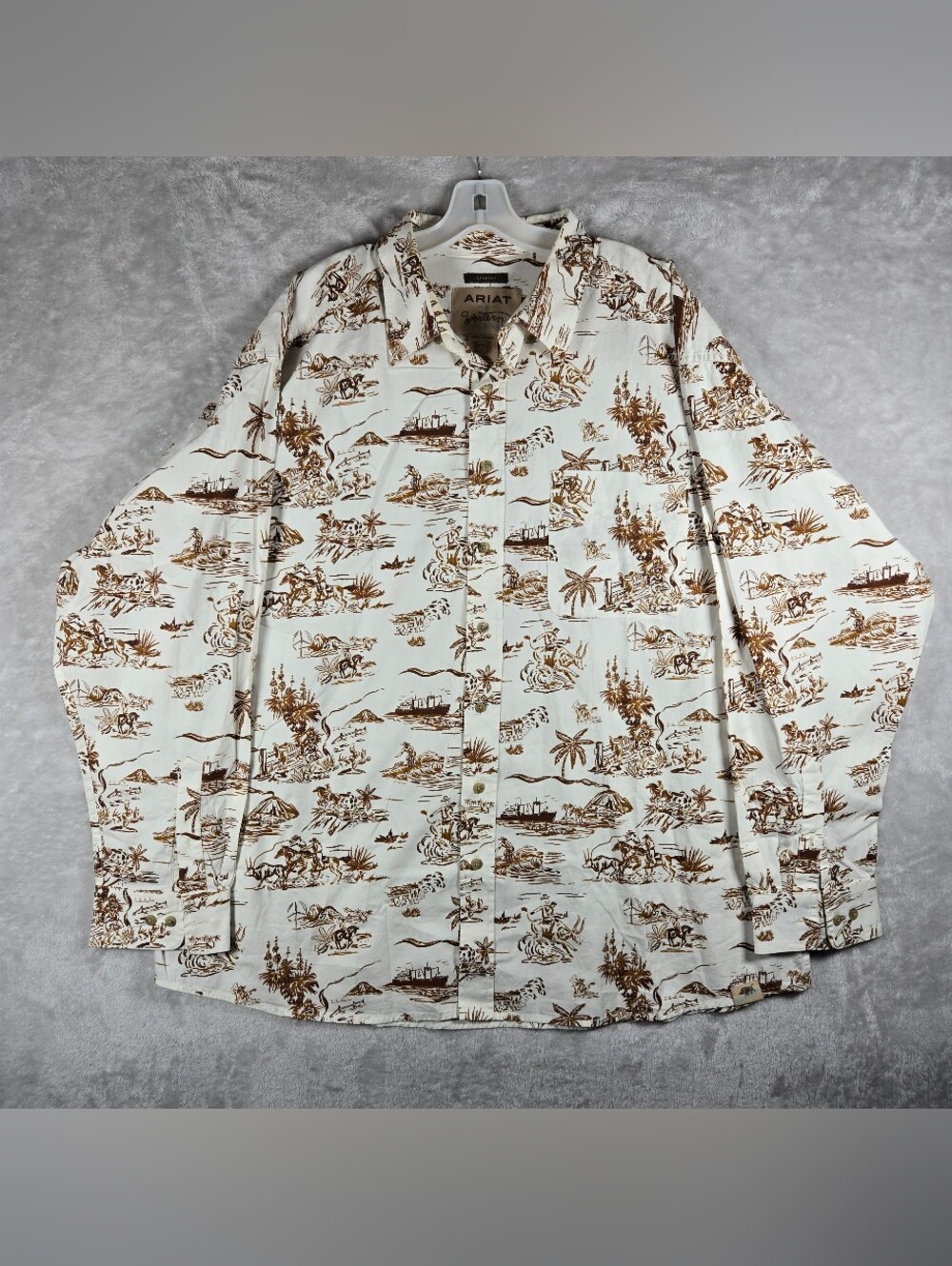 Ariat X Western Aloha Western Button Down Mens Size XXL Cowboy Brown Long Sleeve